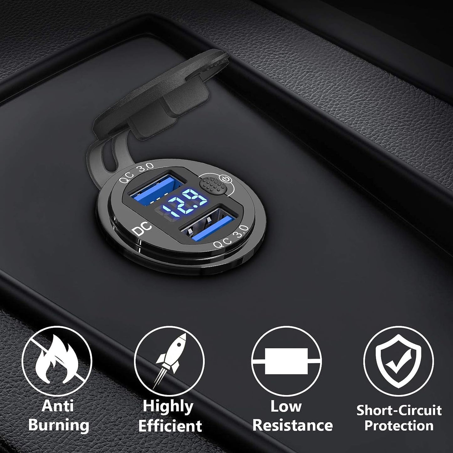 Dual QC 3.0 USB Socket with LED Voltmeter & Dust Cover