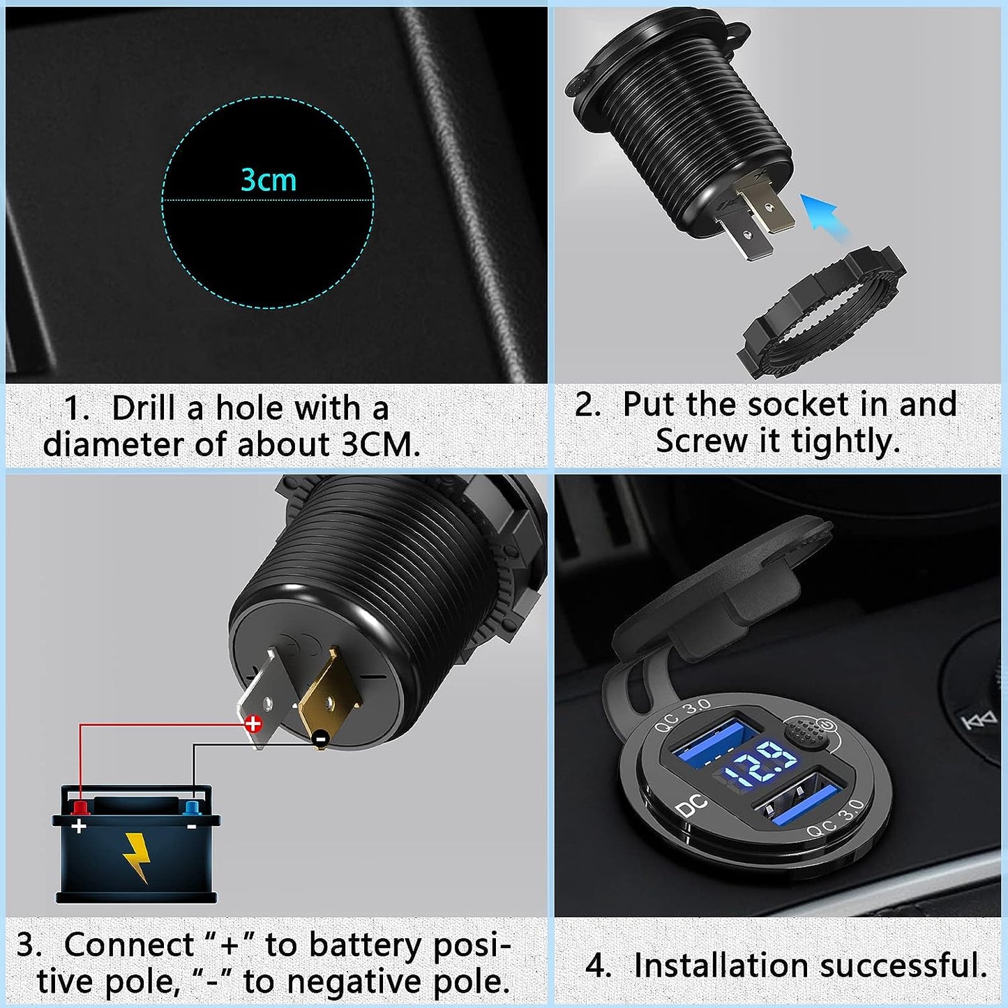 Dual QC 3.0 USB Socket with LED Voltmeter & Dust Cover