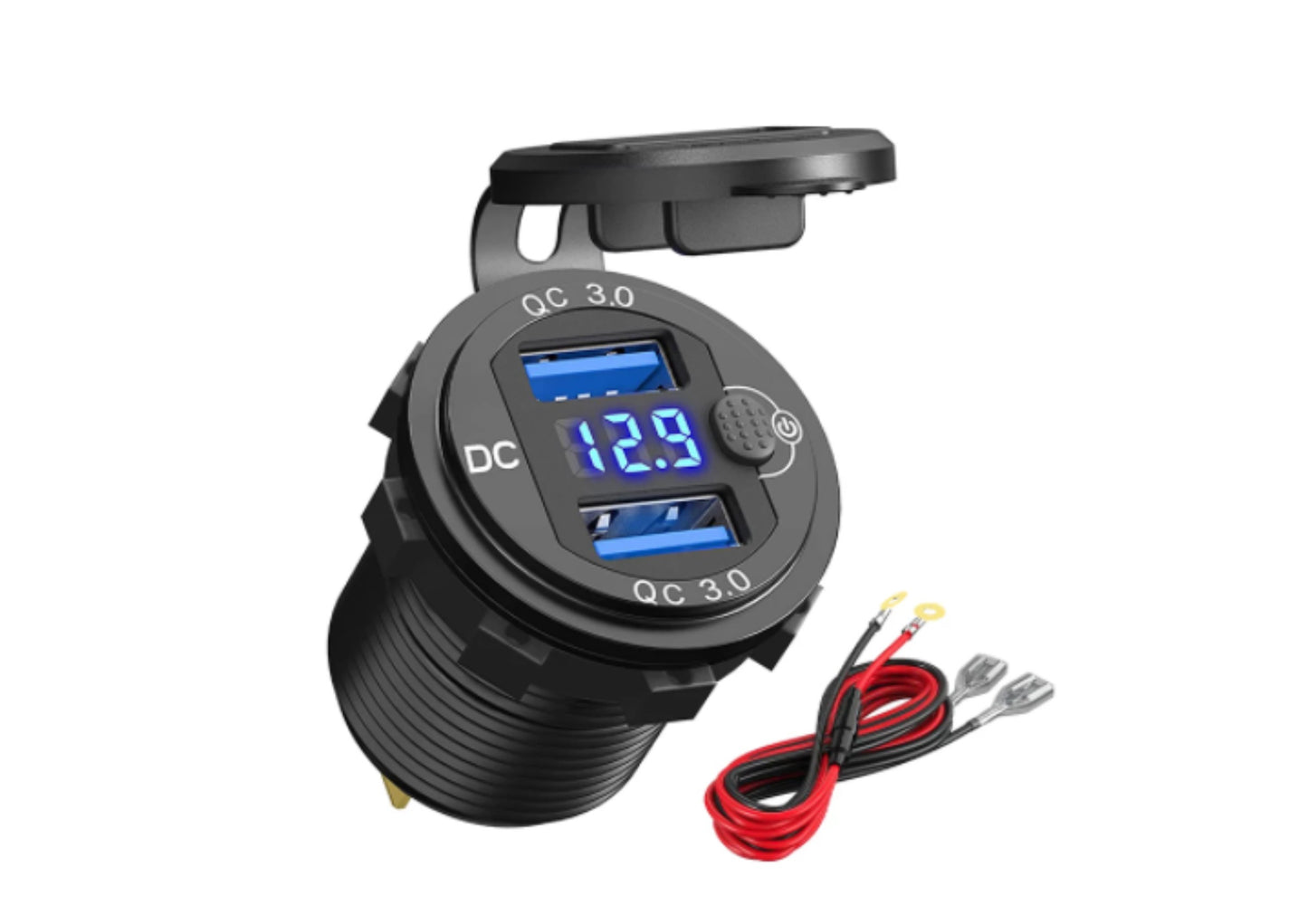 Dual QC 3.0 USB Socket with LED Voltmeter & Dust Cover
