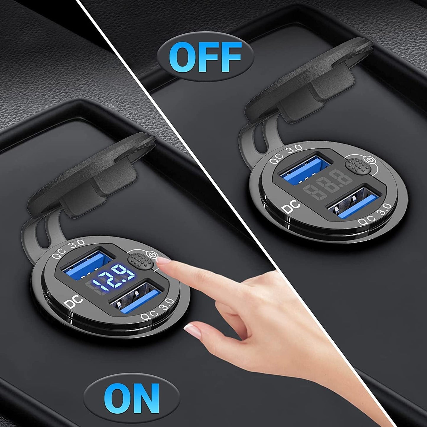 Dual QC 3.0 USB Socket with LED Voltmeter & Dust Cover